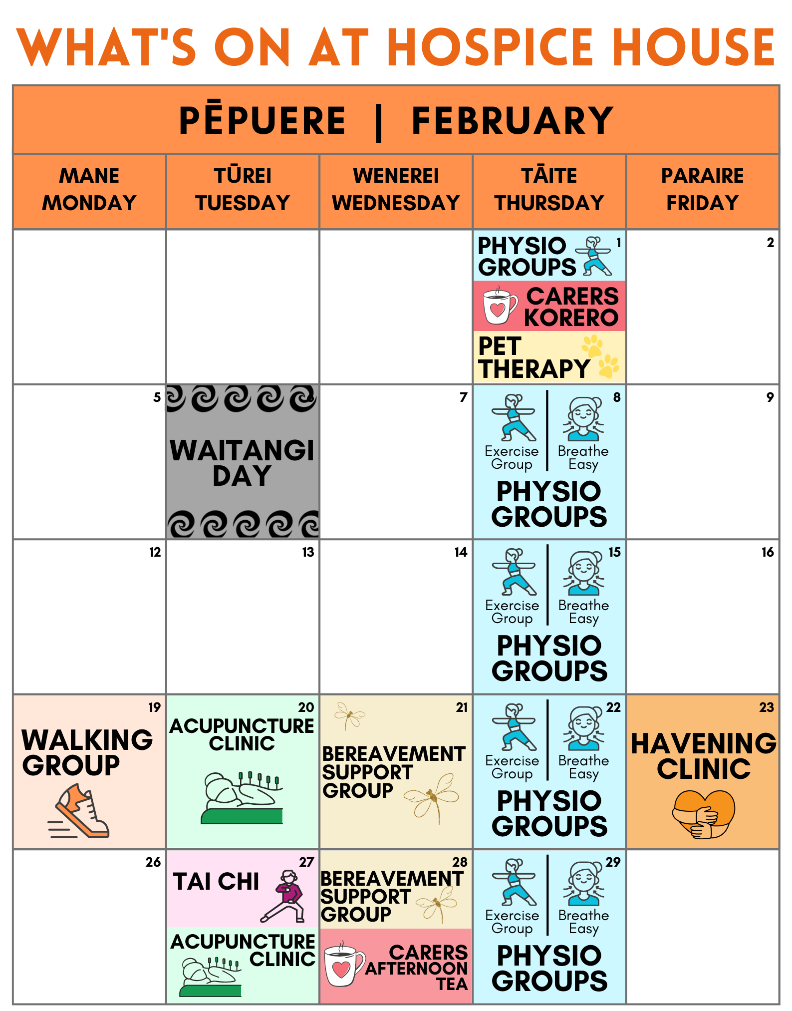 Calendar of programmes at Hospice House for February 2024